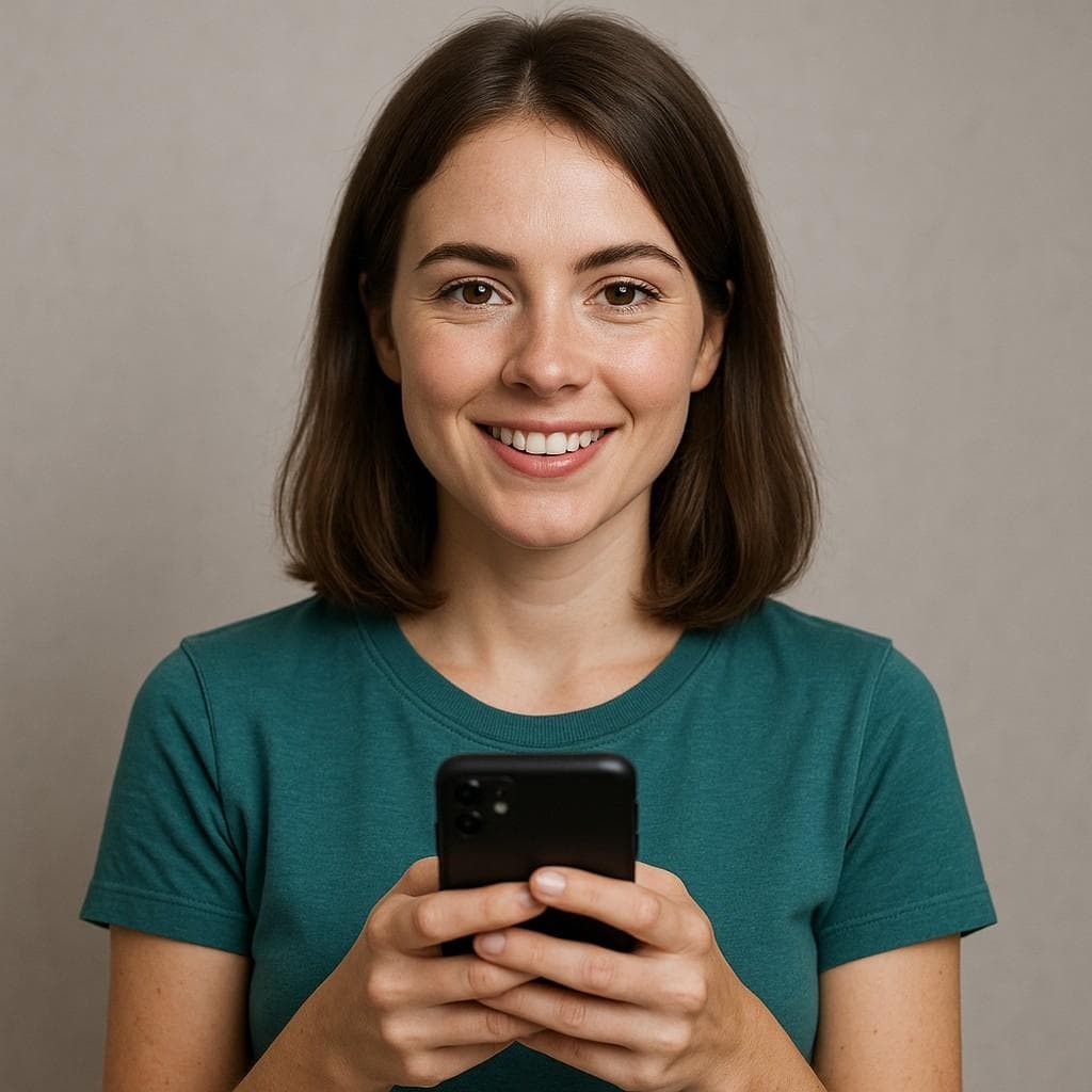 Smiling person holding a phone